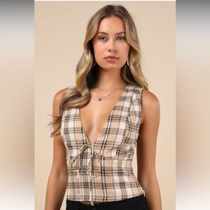 Lulus Adorably Demure Light Brown Plaid Sleeveless Bow Top